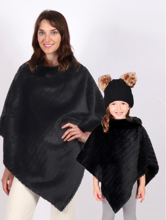 Mom and Kids Tile Pattern Faux Fur Poncho 